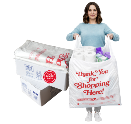 Convenient Club 400 Count Thank You Jumbo Plastic T-Shirt Bags with Handles, Heavy Duty Grocery & Retail Bags, 20 Micron Thick, Large White Carry Bags (32" x 7" x 18") for Stores, Takeout & Shopping