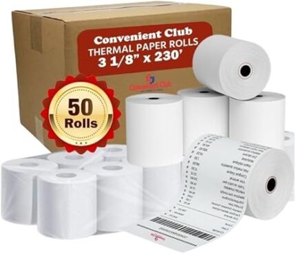 Thermal Paper Receipt Rolls, 3 1/8 x 230, 50 Rolls, 48 GSM, Compatible with Clover POS Printers, POS/Cash Register Paper BPA Free,